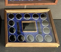 SHARON+39S GOLD DISPLAY BOXES  BLUE INSERT 14 POD 2 x SPECIMEN BOTTLES + SQUA